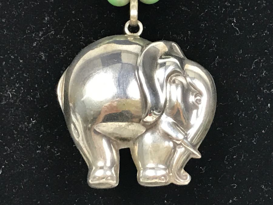 Sterling Silver Elephant Pendant Necklace With Stones And Sterling Beads 70g [Photo 5]
