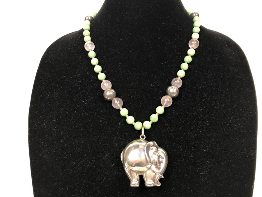 Sterling Silver Elephant Pendant Necklace With Stones And Sterling ...