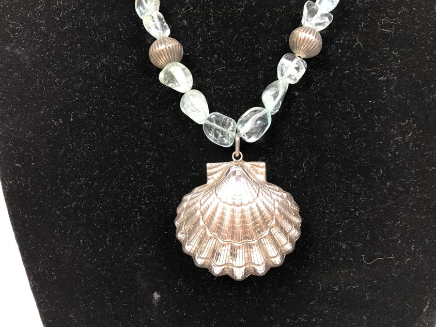 Sterling Silver Seashell Pendant Necklace With Sterling Beads 89g [Photo 3]