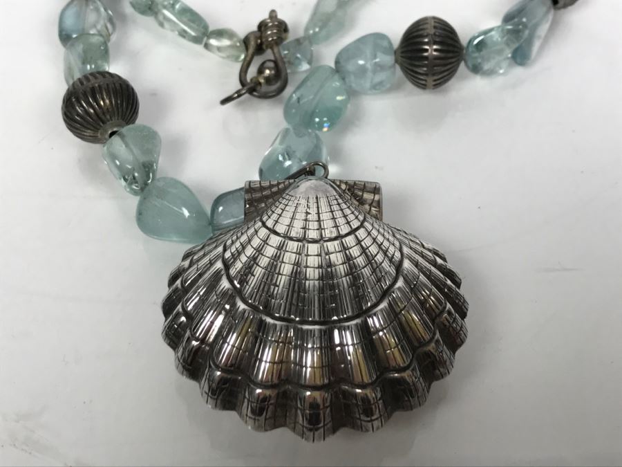 Sterling Silver Seashell Pendant Necklace With Sterling Beads 89g [Photo 6]