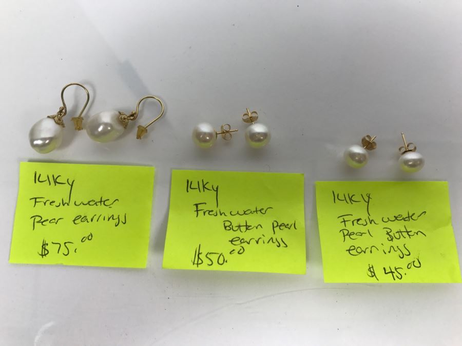 Set Of (3) Pairs Of 14K Yellow Gold Freshwater Pearl Earrings FMV $170 [Photo 1]