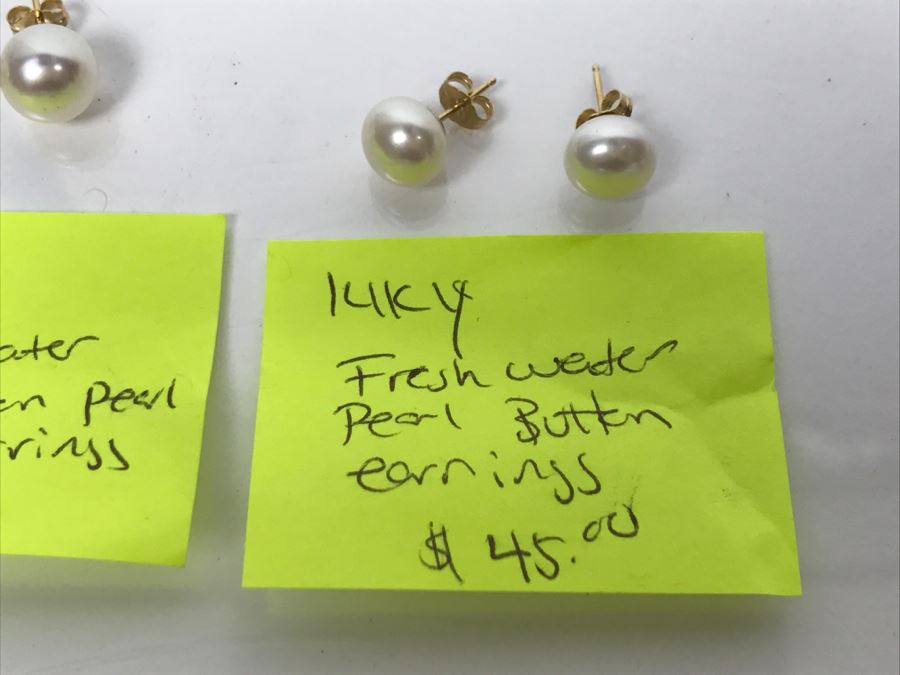 Set Of (3) Pairs Of 14K Yellow Gold Freshwater Pearl Earrings FMV $170 [Photo 4]