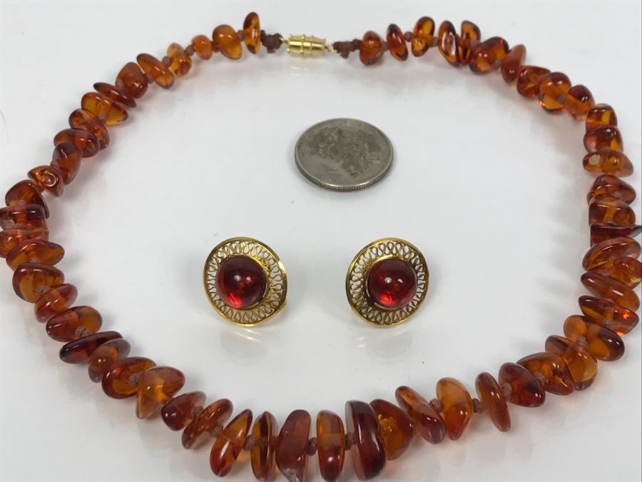 Amber Beads Necklace And Matching Amber Bead Earrings FMV $100 [Photo 1]