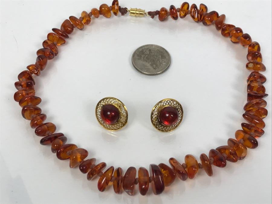 Amber Beads Necklace And Matching Amber Bead Earrings FMV $100 [Photo 2]