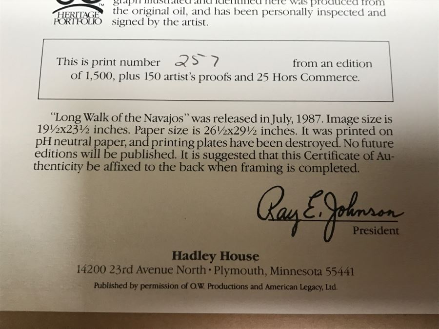 Olaf Wieghorst Limited Edition Lithograph 257 Of 1,500 With Certificate Of Authenticity Frame Has Brass Title Plaque Image Size 19.5' X 23.5' [Photo 17]