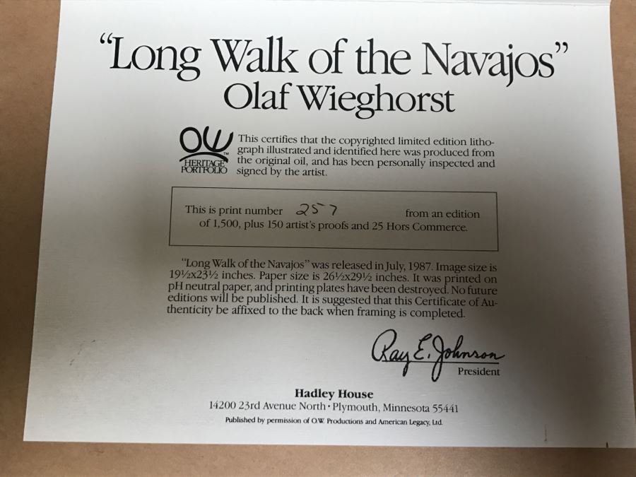 Olaf Wieghorst Limited Edition Lithograph 257 Of 1,500 With Certificate Of Authenticity Frame Has Brass Title Plaque Image Size 19.5' X 23.5' [Photo 16]