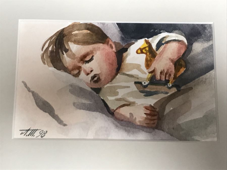 Original Watercolor Painting Of Sleeping Boy Holding Toy Signed By Artist And Framed 9' X 7' [Photo 1]