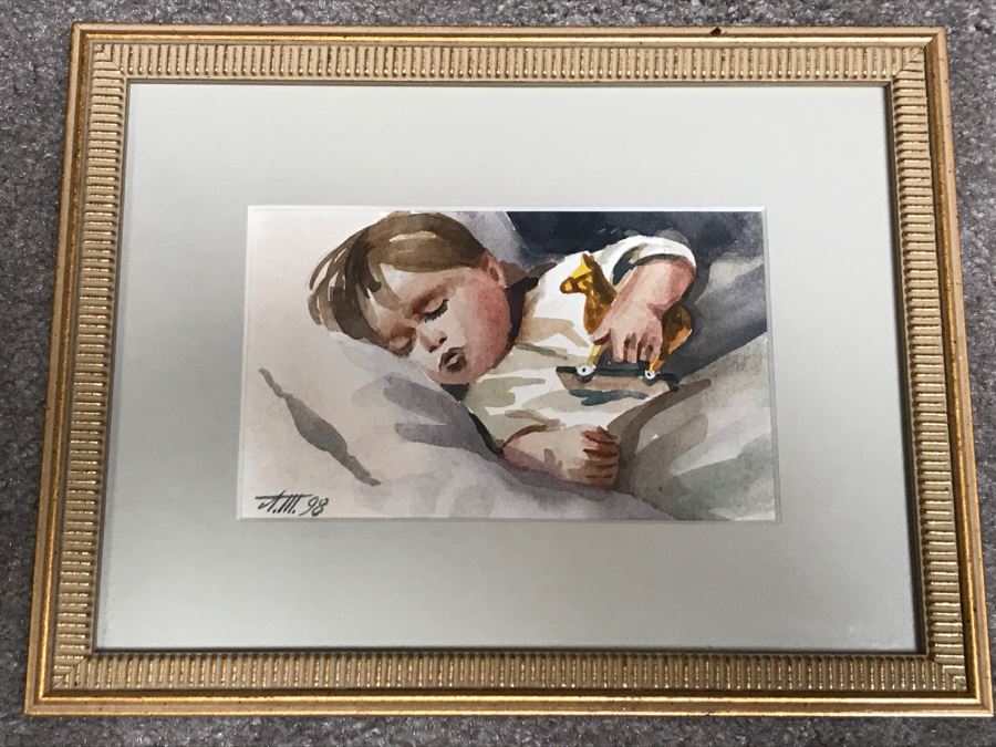 Original Watercolor Painting Of Sleeping Boy Holding Toy Signed By Artist And Framed 9' X 7' [Photo 2]