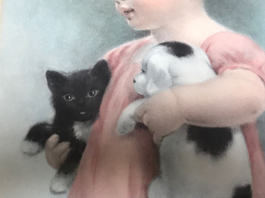 Framed Bessie Pease Gutmann Print Depicting Girl Holding Cat And Dog 14' X 17' [Photo 4]