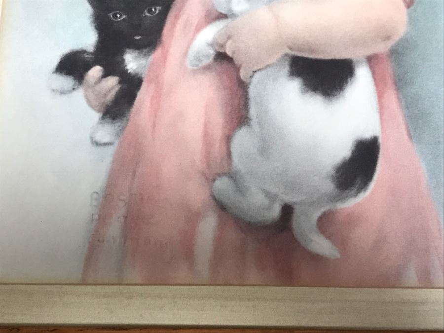 Framed Bessie Pease Gutmann Print Depicting Girl Holding Cat And Dog 14' X 17' [Photo 5]