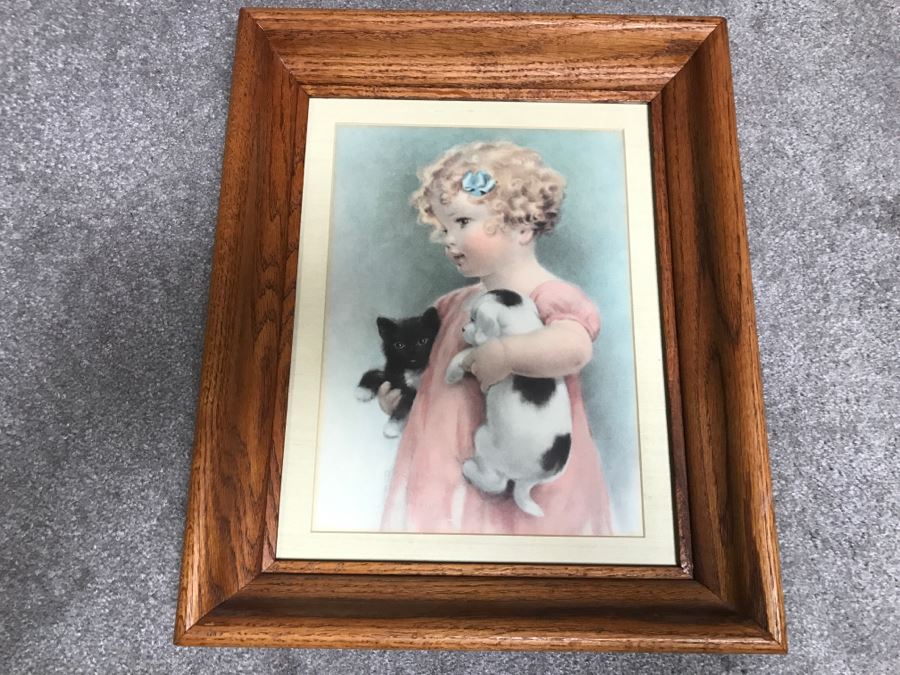 Framed Bessie Pease Gutmann Print Depicting Girl Holding Cat And Dog 14' X 17' [Photo 1]