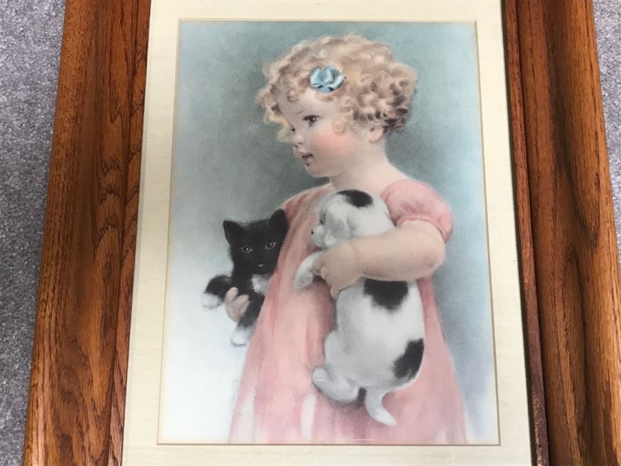 Framed Bessie Pease Gutmann Print Depicting Girl Holding Cat And Dog 14' X 17' [Photo 2]