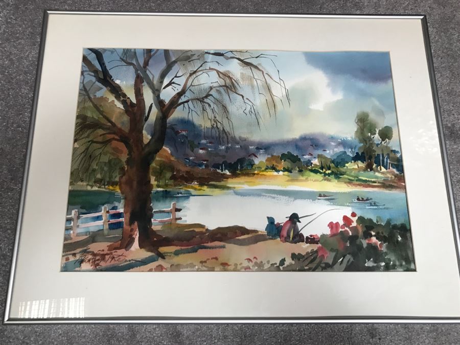 Original Watercolor Painting By George T. Kern Titled 'Early Fishing' At Lake Murray Signed And Framed [Photo 1]
