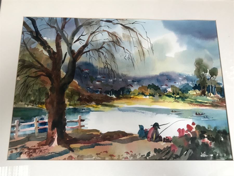 Original Watercolor Painting By George T. Kern Titled 'Early Fishing' At Lake Murray Signed And Framed [Photo 2]