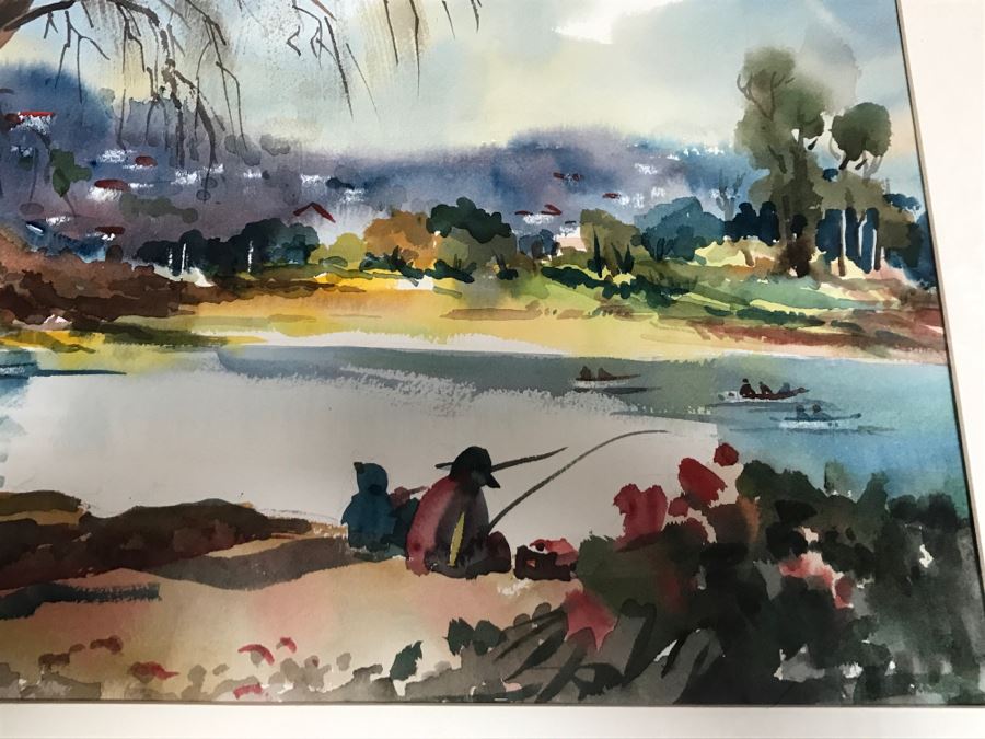 Original Watercolor Painting By George T. Kern Titled 'Early Fishing' At Lake Murray Signed And Framed [Photo 6]
