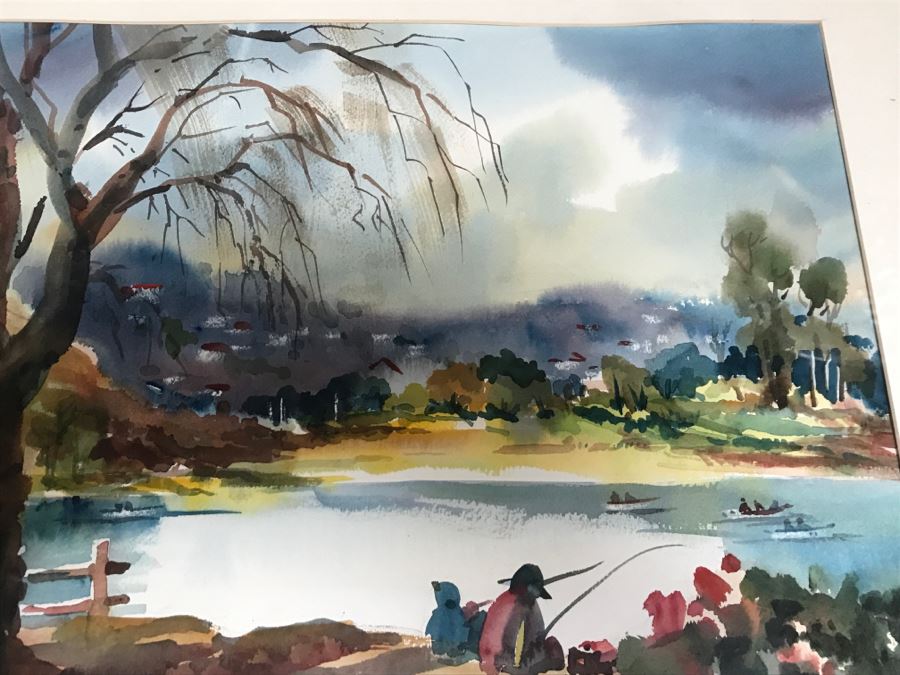 Original Watercolor Painting By George T. Kern Titled 'Early Fishing' At Lake Murray Signed And Framed [Photo 5]