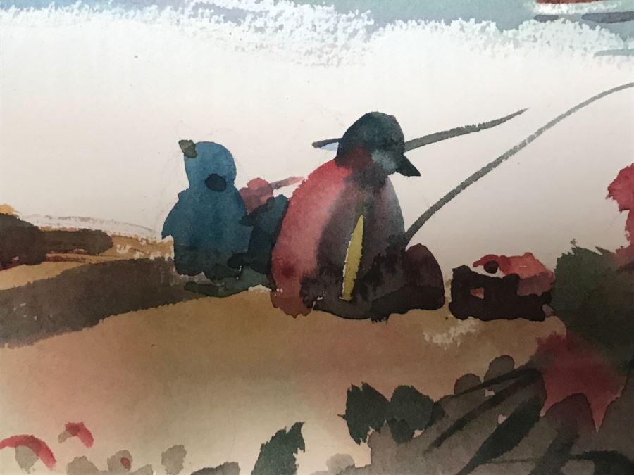 Original Watercolor Painting By George T. Kern Titled 'Early Fishing' At Lake Murray Signed And Framed [Photo 7]