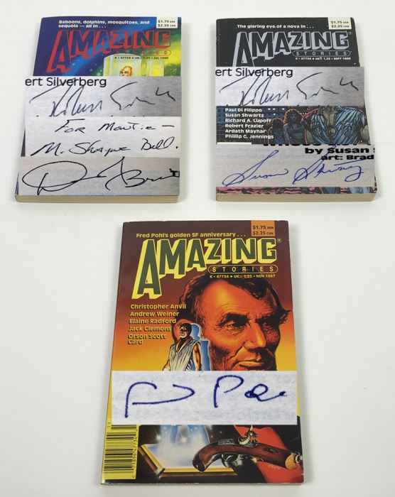 Amazing Stories - Multiple Signatures: Nov 1987 - Signed by Frederik Pohl; July 1990 - Signed by Robert Silverberg, M. Shayne Bell & David Brin; Sept 1990 - Signed by Robert Silverberg & Susan Shwartz [Photo 1]