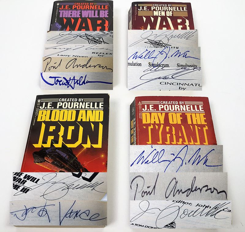 J.E. Pournelle Collection: There Will Be War Series (Book 1-4): There Will Be War, Men of War, Blood and Iron & Day of the Tyrant - Multiple Signatures: J.E. Pournelle, Larry Niven, Poul Anderson, Joe Haldeman, William F. Wu, Joel Rosenberg & Jack Vance