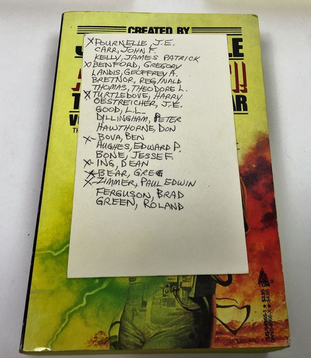 J.E. Pournelle Collection: There Will Be War Series (Book 5-9): Warrior, Guns of Darkness, Call to Battle!, Armageddon & After Armageddon - Multiple Signatures: J.E. Pournelle, William F. Wu, Harry Turtledove, Gregory Benford, Ben Bova, Dean Ing, etc. [Photo 38]