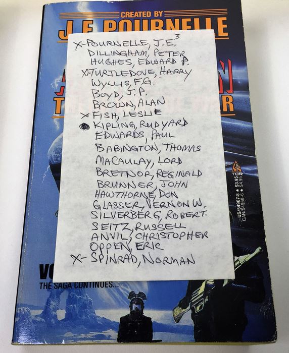 J.E. Pournelle Collection: There Will Be War Series (Book 5-9): Warrior, Guns of Darkness, Call to Battle!, Armageddon & After Armageddon - Multiple Signatures: J.E. Pournelle, William F. Wu, Harry Turtledove, Gregory Benford, Ben Bova, Dean Ing, etc. [Photo 54]