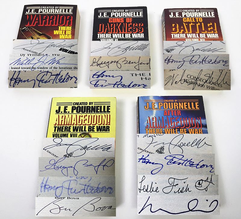 J.E. Pournelle Collection: There Will Be War Series (Book 5-9): Warrior, Guns of Darkness, Call to Battle!, Armageddon & After Armageddon - Multiple Signatures: J.E. Pournelle, William F. Wu, Harry Turtledove, Gregory Benford, Ben Bova, Dean Ing, etc.