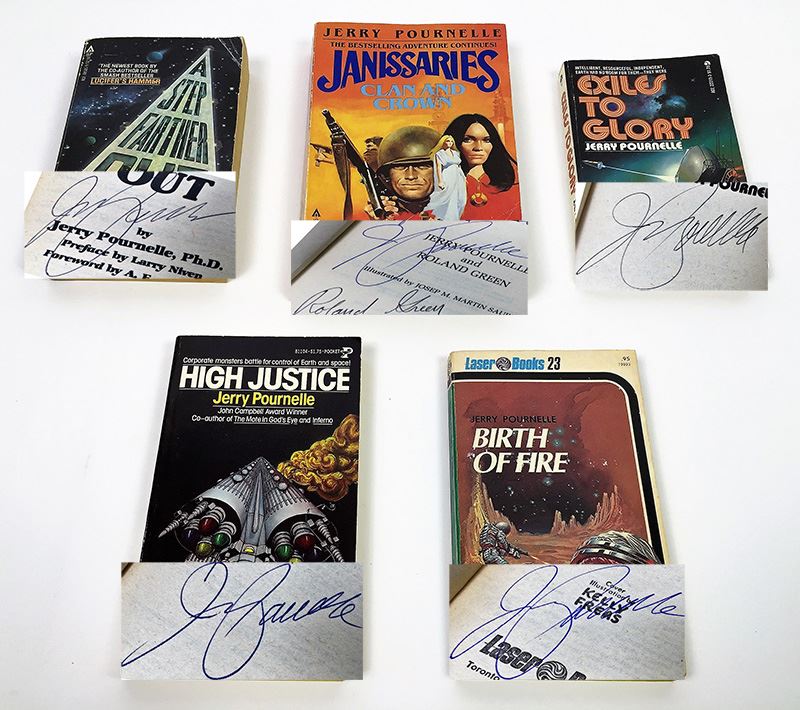 Jerry Pournelle Collection: A Step Farther Out, Janissaries, Exiles to Glory, High Justice & Birth of Fire (Laser Books 23) - Signed by Jerry Pournelle