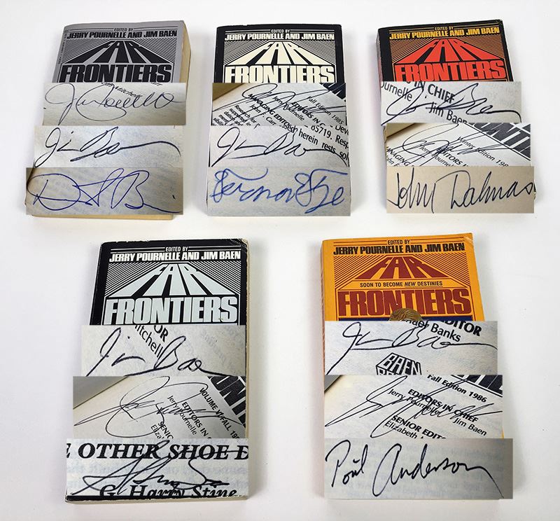 Jerry Pournelle & Jim Baen Collection: Far Frontiers Magazine: Vol I, III, IV, VI & VII - Multiple Signatures: Jerry Pournelle, Jim Baen, Norman Spinrad, Larry Niven, Ben Bova, Vernor Vinge, John Dalmas, S.M. Stirling, G. Harry Stine, etc.