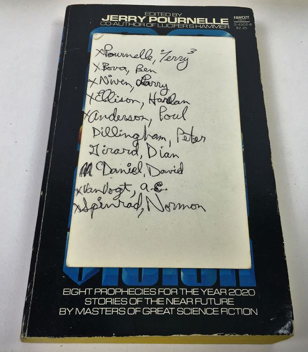Jerry Pournelle Collection: Survival of Freedom, Black Holes & 20/20 Vision - Multiple Signatures: Jerry Pournelle, Norman Spinrad, Poul Anderson, Larry Niven, Harlan Ellison, Ursula K. Le Guin, Kevin O'Donnell, Jr., A.E. Van Vogt, etc. [Photo 39]