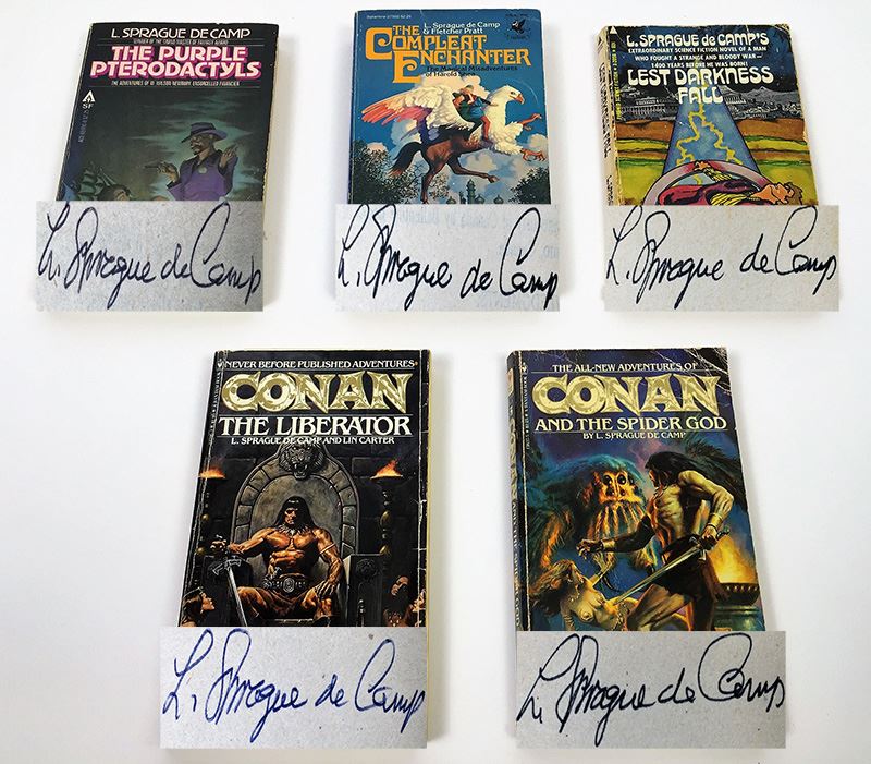 L. Sprague de Camp Collection: The Purple Pterodactlys, The Compleat Enchanter & Lest Darkness Fall; Conan the Liberator & Conan and the Spider God - Signed by L. Sprague de Camp [Photo 1]