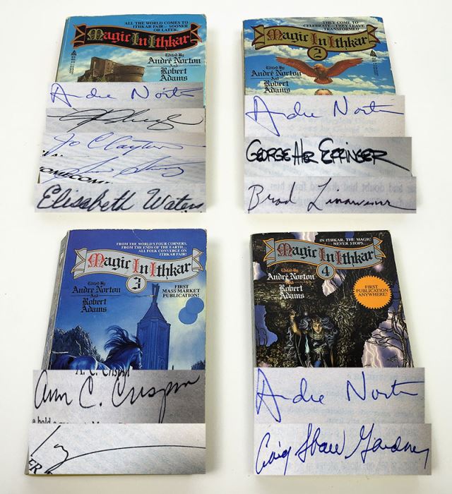 Andre Norton & Robert Adams: Magic in Ithkar (Book 1-4) - Multiple Signatures: Andre Norton, C.J. Cherryh, Jo Clayton, Susan Shwartz, Elizabeth Waters, George Alec Effinger, Brad Linaweaver, A.C. Crispin, Mercedes Lackey & Craig Shaw Gardner  [Photo 1]