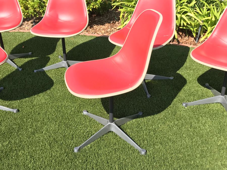 Set Of (6) Herman Miller Charles Eames Fiberglass Swivel Shell Chairs Office Desk Red Vinyl Aluminum Base [Photo 9]