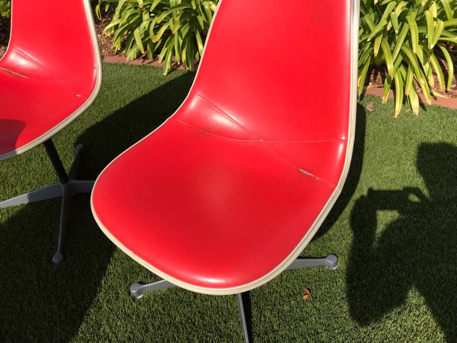 Set Of (6) Herman Miller Charles Eames Fiberglass Swivel Shell Chairs Office Desk Red Vinyl Aluminum Base [Photo 22]
