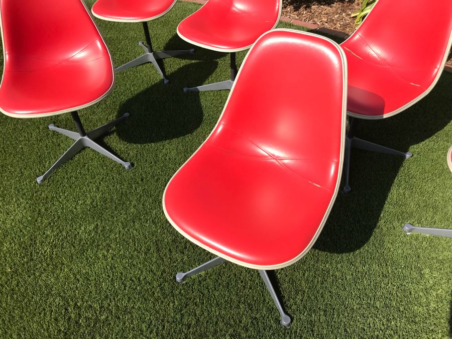 Set Of (6) Herman Miller Charles Eames Fiberglass Swivel Shell Chairs Office Desk Red Vinyl Aluminum Base [Photo 19]