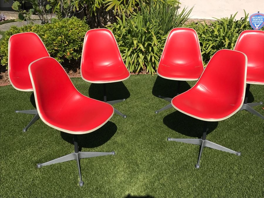 Set Of (6) Herman Miller Charles Eames Fiberglass Swivel Shell Chairs Office Desk Red Vinyl Aluminum Base [Photo 6]
