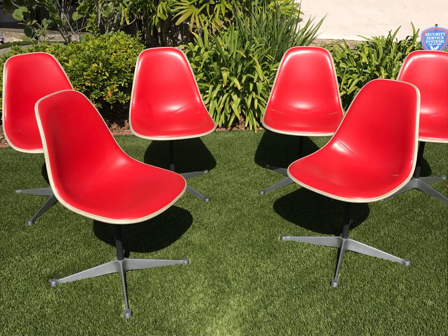Set Of (6) Herman Miller Charles Eames Fiberglass Swivel Shell Chairs Office Desk Red Vinyl Aluminum Base [Photo 5]