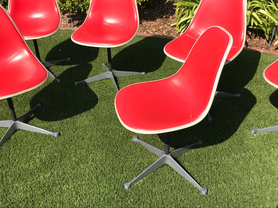 Set Of (6) Herman Miller Charles Eames Fiberglass Swivel Shell Chairs Office Desk Red Vinyl Aluminum Base [Photo 10]