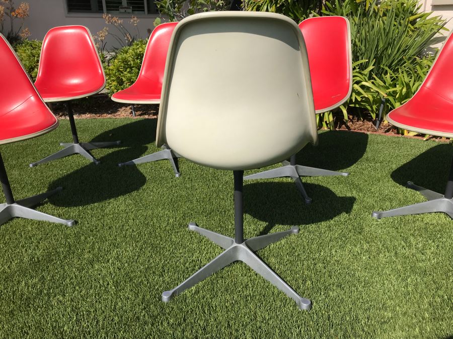 Set Of (6) Herman Miller Charles Eames Fiberglass Swivel Shell Chairs Office Desk Red Vinyl Aluminum Base [Photo 18]