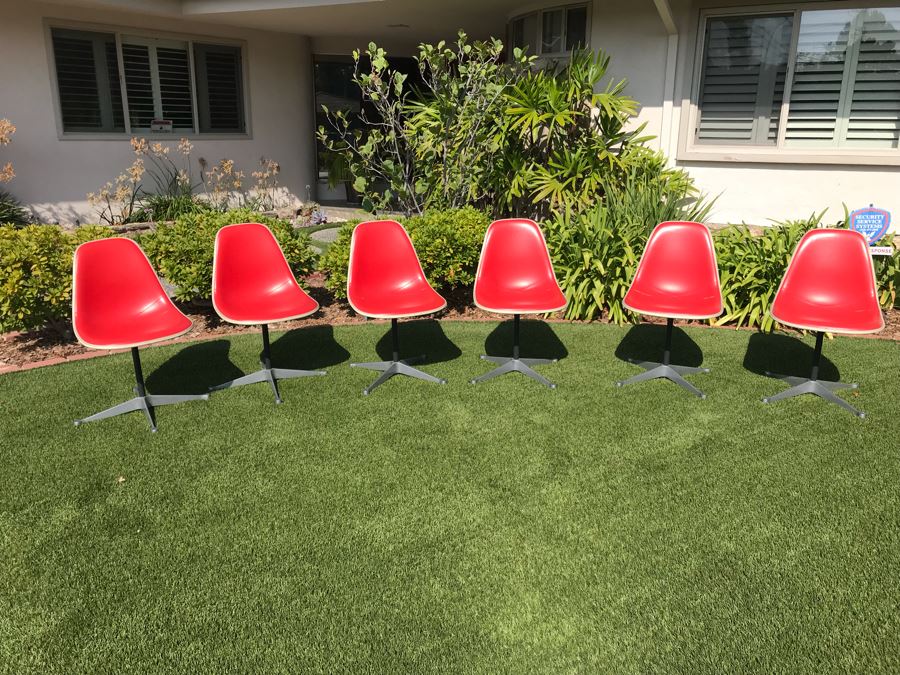 Set Of (6) Herman Miller Charles Eames Fiberglass Swivel Shell Chairs Office Desk Red Vinyl Aluminum Base [Photo 4]