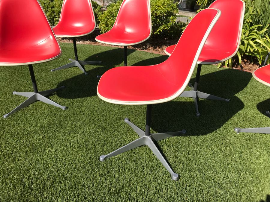 Set Of (6) Herman Miller Charles Eames Fiberglass Swivel Shell Chairs Office Desk Red Vinyl Aluminum Base [Photo 15]