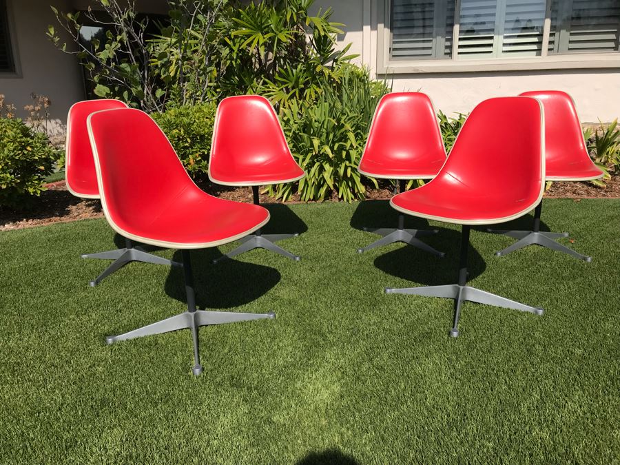 Set Of (6) Herman Miller Charles Eames Fiberglass Swivel Shell Chairs Office Desk Red Vinyl Aluminum Base [Photo 1]