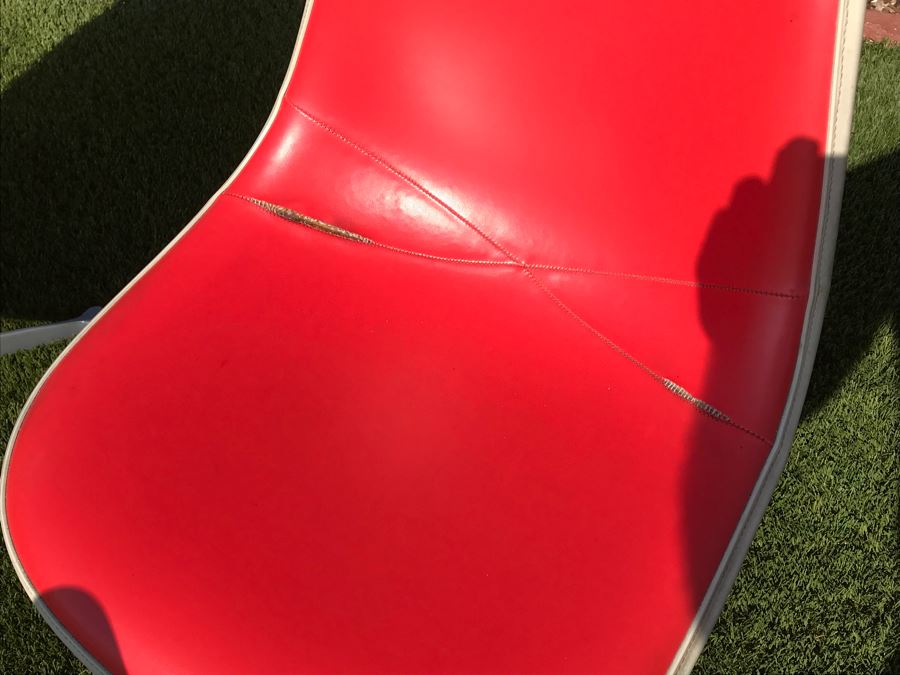 Set Of (6) Herman Miller Charles Eames Fiberglass Swivel Shell Chairs Office Desk Red Vinyl Aluminum Base [Photo 25]