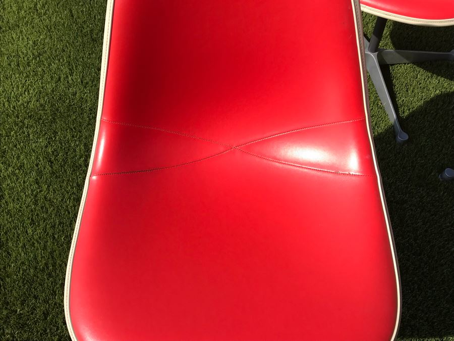 Set Of (6) Herman Miller Charles Eames Fiberglass Swivel Shell Chairs Office Desk Red Vinyl Aluminum Base [Photo 28]