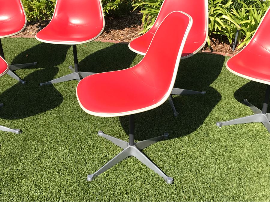Set Of (6) Herman Miller Charles Eames Fiberglass Swivel Shell Chairs Office Desk Red Vinyl Aluminum Base [Photo 8]