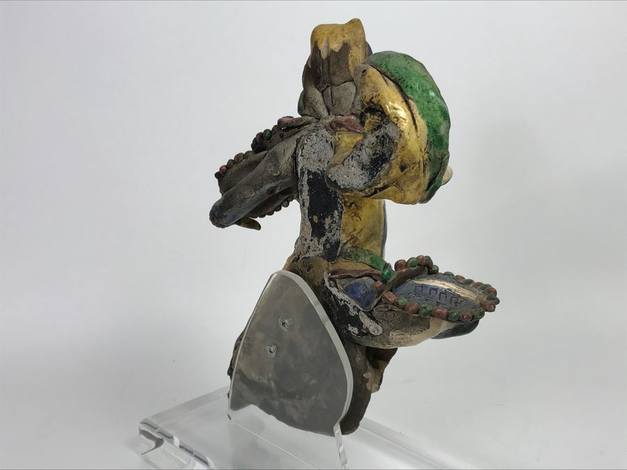 Vintage Asian Hand Made Roof Tile Mounted On Lucite Base For Display 12.5' Tall [Photo 13]