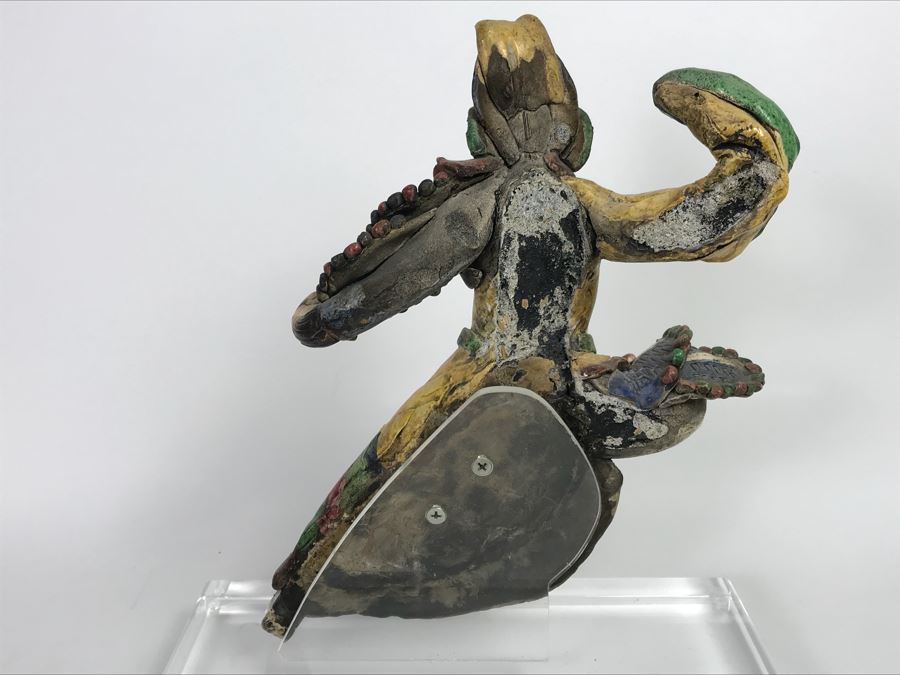 Vintage Asian Hand Made Roof Tile Mounted On Lucite Base For Display 12.5' Tall [Photo 12]