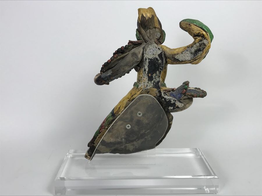 Vintage Asian Hand Made Roof Tile Mounted On Lucite Base For Display 12.5' Tall [Photo 11]