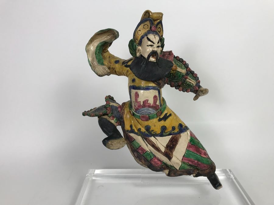 Vintage Asian Hand Made Roof Tile Mounted On Lucite Base For Display 12.5' Tall [Photo 3]