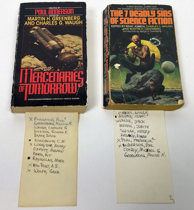 Martin H. Greenberg & Charles G. Waugh Collection: Mercenaries of Tomorrow & The 7 Deadly Sins of Science Fiction (edited by Isaac Asimov) - Signed by Poul Anderson, Barry Longyear, A.E. Van Vogt, Gene Wolfe, Jack Vance & Frederik Pohl [Photo 2]