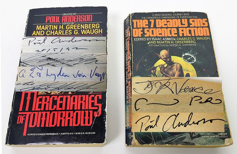 Martin H. Greenberg & Charles G. Waugh Collection: Mercenaries of Tomorrow & The 7 Deadly Sins of Science Fiction (edited by Isaac Asimov) - Signed by Poul Anderson, Barry Longyear, A.E. Van Vogt, Gene Wolfe, Jack Vance & Frederik Pohl [Photo 1]
